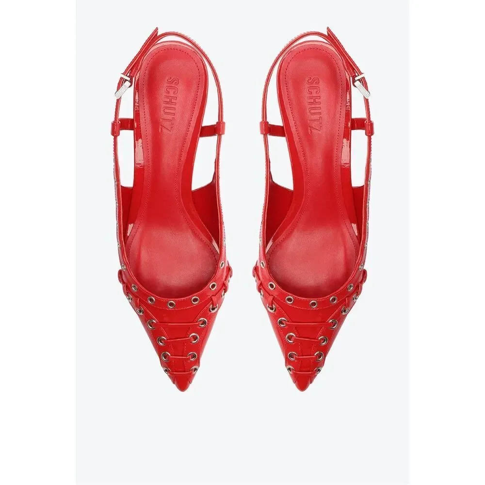 Schutz Chic Ruth 1.6” Mid Patent Leather Kitten Heel Pump Flame Scar Red 6.5